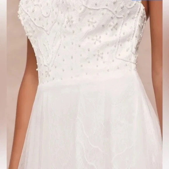 Vestido maxi Lulus Love Perfection branco renda tule pérola frisado tamanho M - Imagem 3 de 4