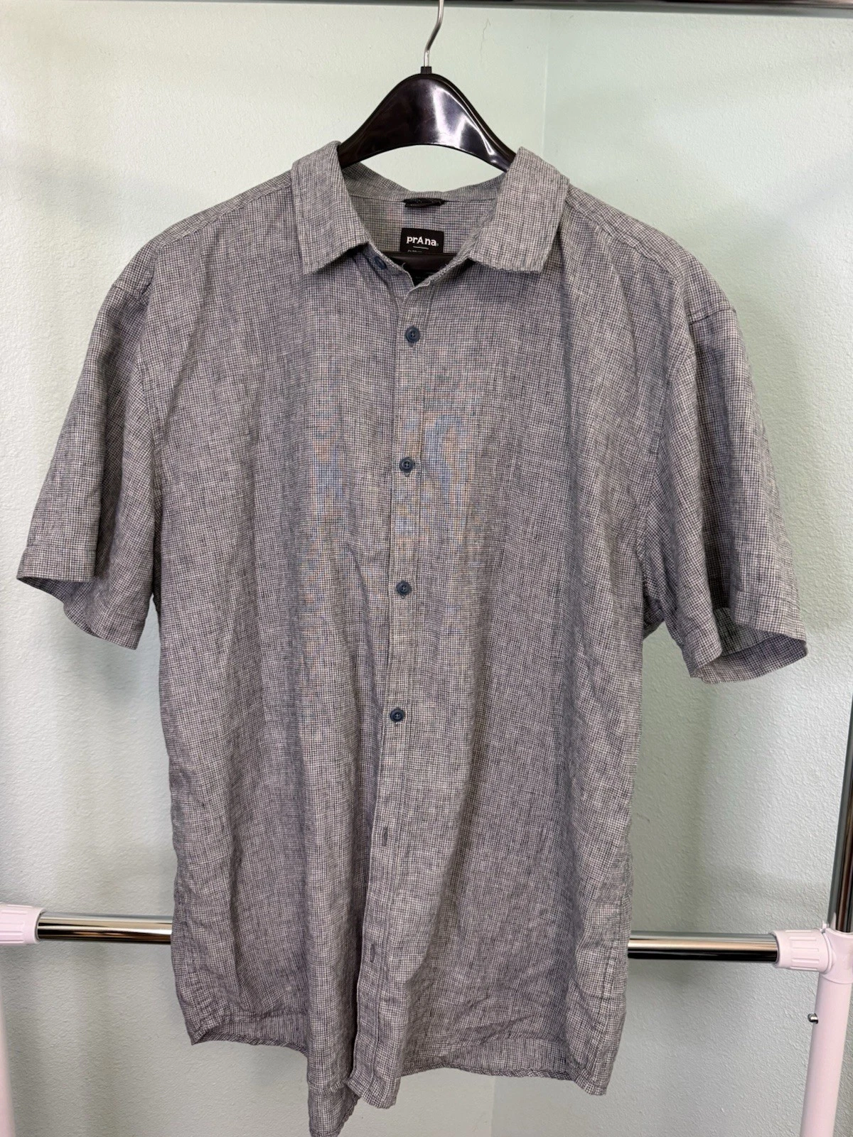 PrAna Men’s Short Sleeve Button Up Shirt Blue Weave Hemp Polyester Blend Size XL
