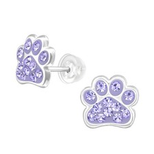 925 Sterling Silver Children's Dog Stud Earrings Purple Paw