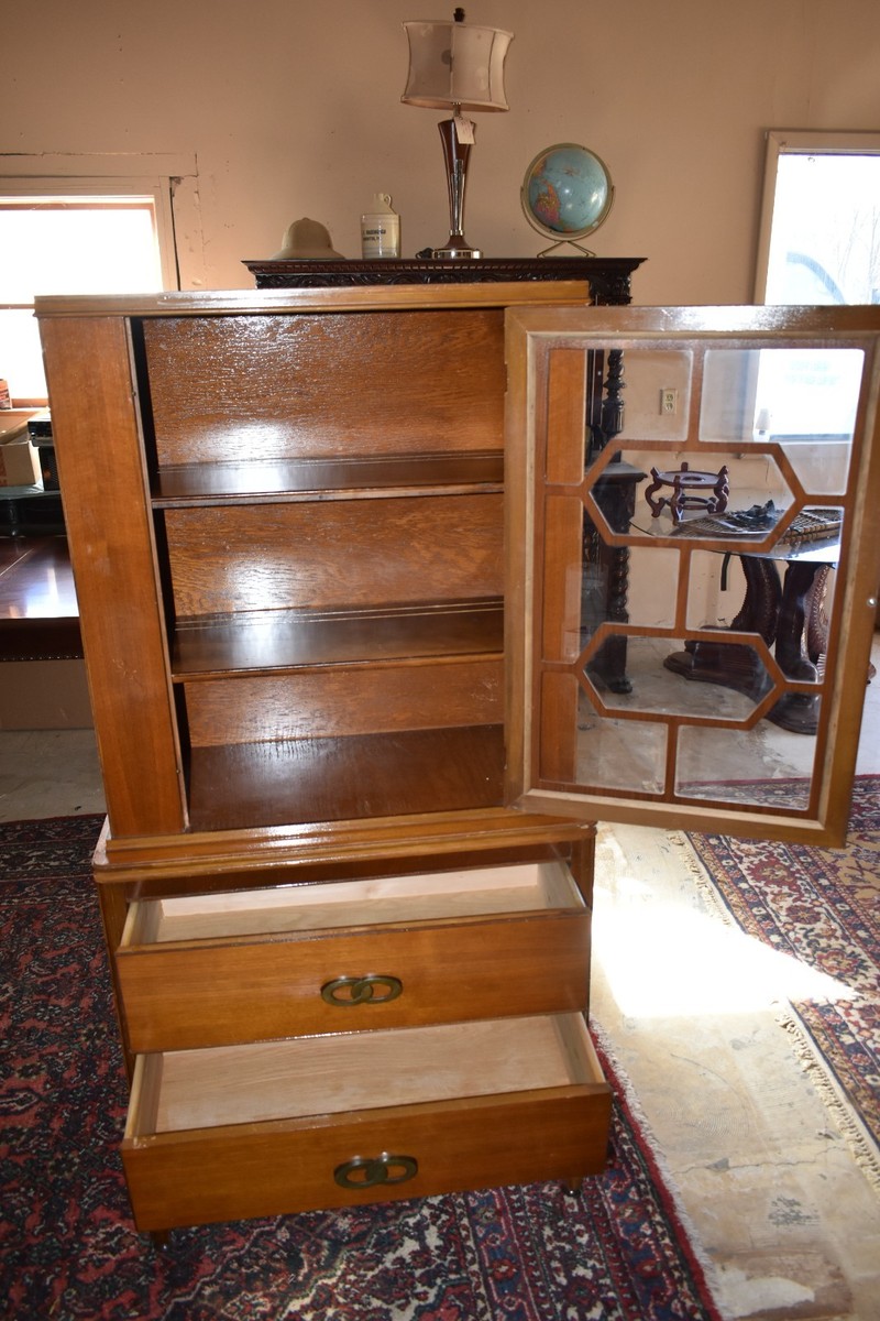 Vintage MCM Walnut China Cabinet Hutch Glass Door Drawer Base