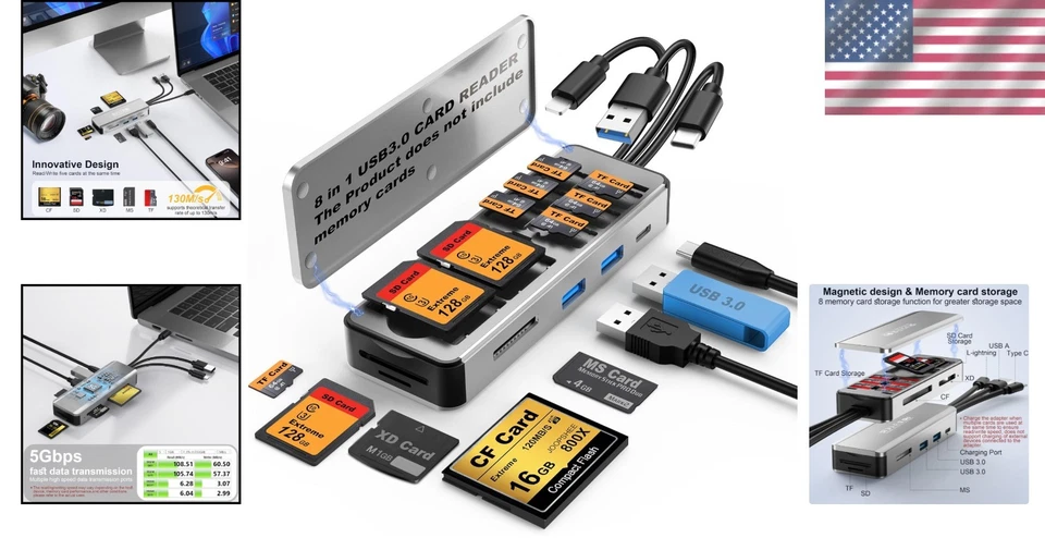 Compact 8-in-1 Card Reader with High-Speed USB 3.0 for Quick Photo Transfers - Image 2 of 4