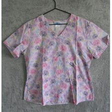 SB Scrubs Womens Small Pink Floral Cotton V-Neck Scrub Top Short Sleeve
