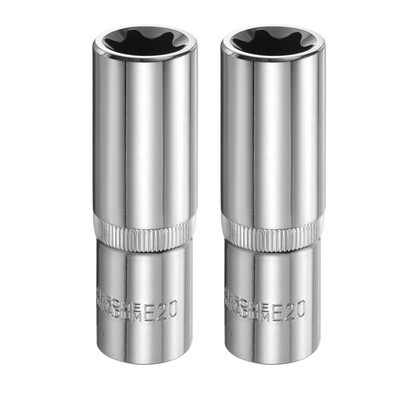 2pcs E-Torx Socket 1/2'' Drive E20 Star 3.1'' Length 6 Point Spline Socket
