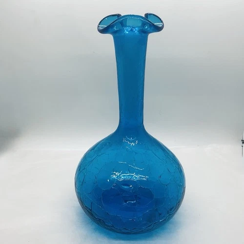 Blenko Art Glass Wayne Husted #37 Crackle Turquoise Decanter 9.5” ‘62 NO STOPPER
