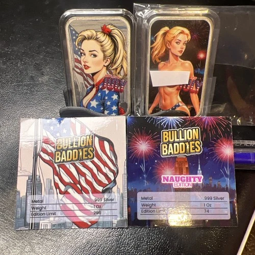 Bullion Baddies Patriot Tess 74 Naughty & 296 Nice 2 Oz Total .999 Silver W/COA