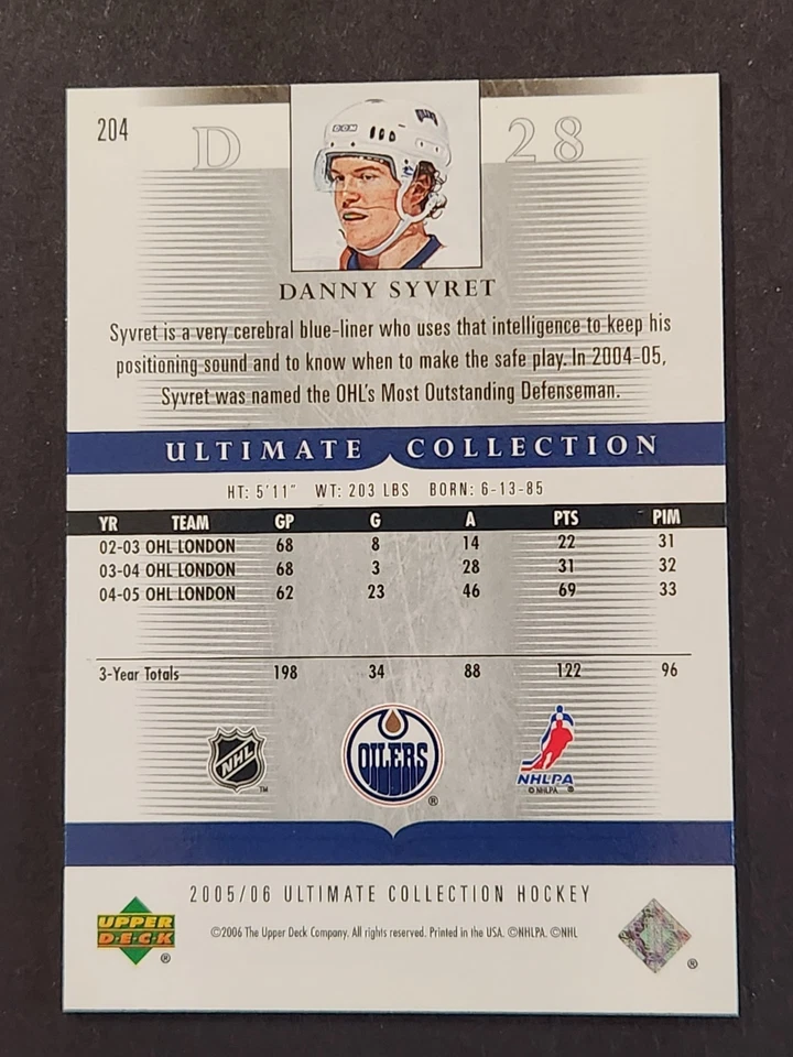 DANNY SYVRET #204 2005-06 Upper Deck Ultimate Collection ROOKIES RC /599 OILERS - Image 2 of 2