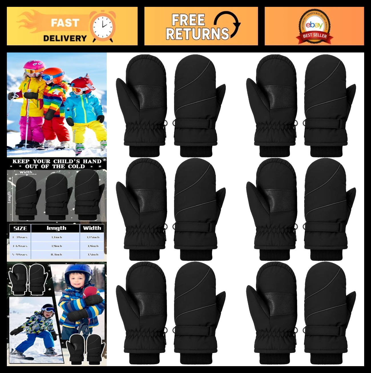 6 Pair Kids Waterproof Snow Mittens - Toddler Ski Gloves for Outdoor Fun