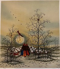 Ivan Lackovic "Wintersonne" Lithographie  1986 signiert gerahmt Naive Malerei