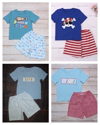 NEW Boutique Boys Shorts Outfit Set Crab Fishing Pirate Skull Surfing