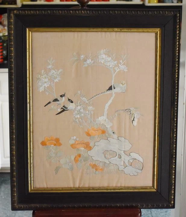 VICTORIANO BORDADO A MANO JAPONÉS ROSA SEDA FAISÁN PÁJARO MARIPOSA FLORAL Foto 2 de 4