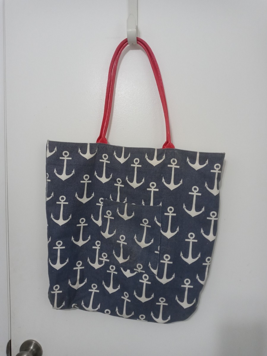 Large Red White Blue Nautical Canvas Tote Magnetic Closure