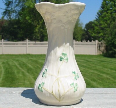 Vtg Belleek Daisy Spill Vase Blue Mark Shamrock Ireland 6 in Tall Fine Porcelain