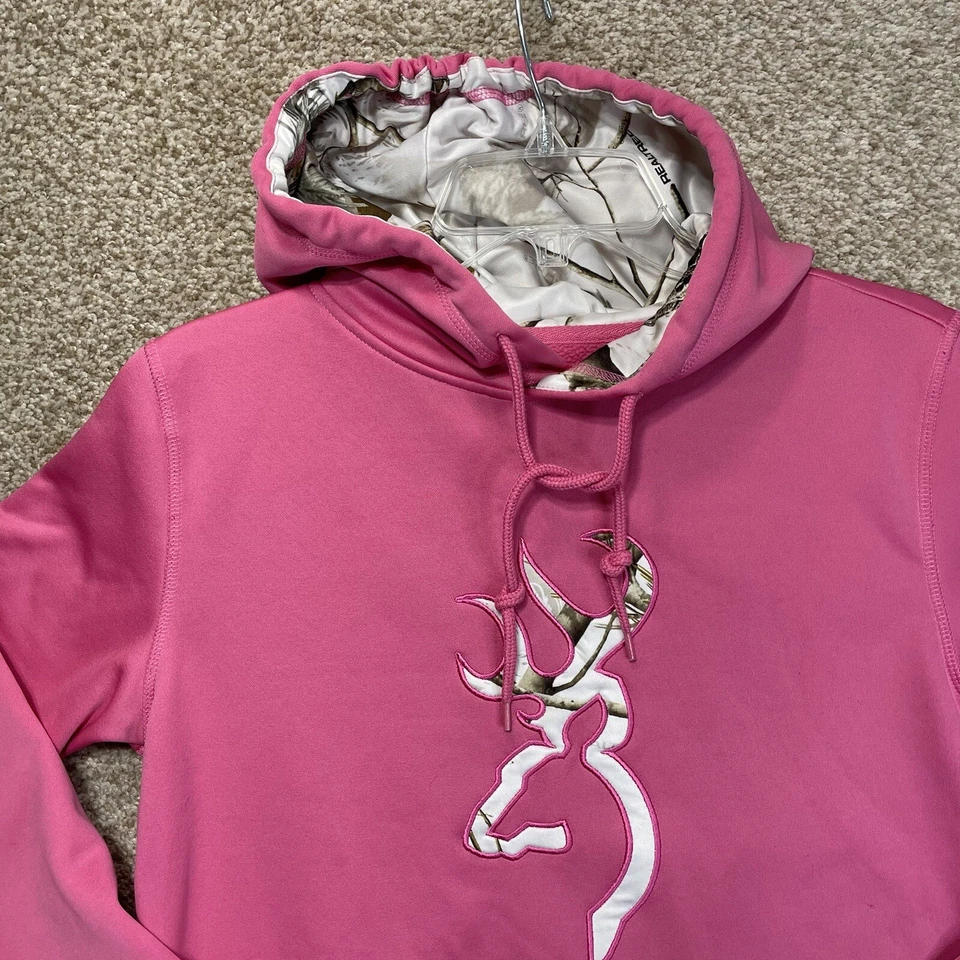 Browning 女式粉色 Buckmark 运动衫 M 码带 Huntworth 马尾帽 — 第 2/4 张图片