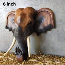 Wooden Elephant Head Bust Sculpture Hand Carved Wall Art Home Office Decor Gift