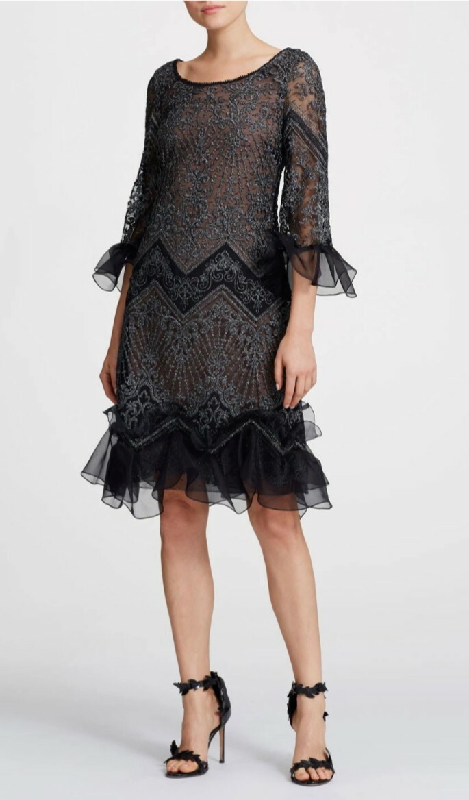 black marchesa dress NWT Womens Marchesa Metallic Chevron Lace Mini Dress Organza Sleeves Black 2