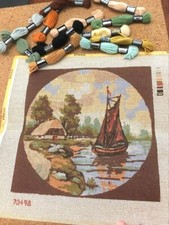 Bucilla LAKEVIEW needlepoint canvas and some DMC wool yarn 11 1/2" x 11 1/2"