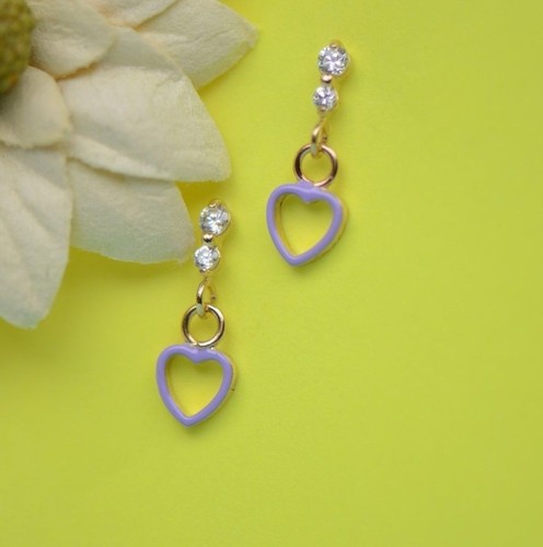 14K Solid Yellow Gold Heart Shape Dangle Earring with Enamel - Picture 9 of 12