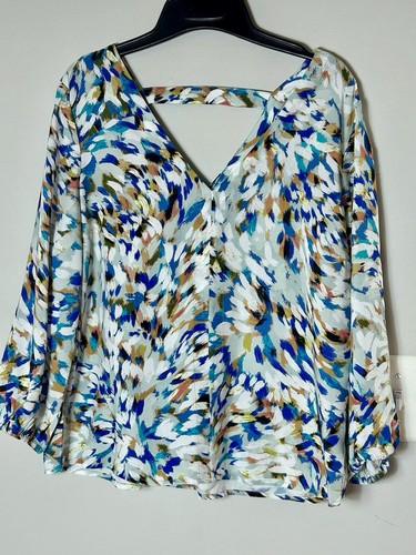 Liverpool Los Angeles Women Colorful Abstract Print Blouse Boho Top Sz MP V-Neck - Picture 3 of 8