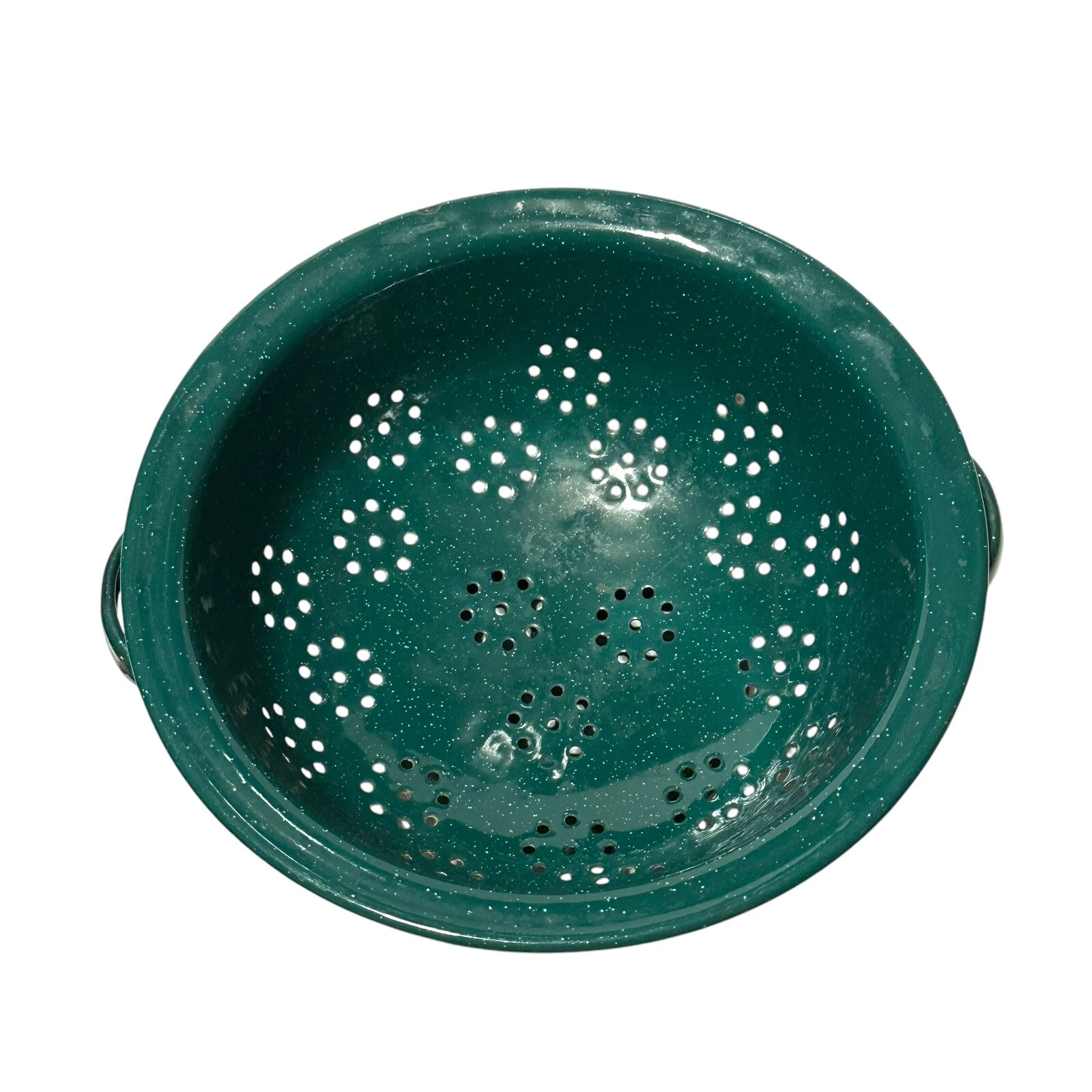 Green Speckled Enamel Handled Footed Colander Strainer