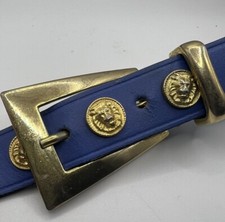 Vintage The Limited Gold Lion Heads Studded Blue Leather Belt Size Medium