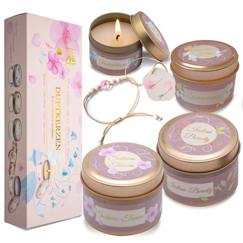 Geschenkset für Frauen Geburtstag, 4 x Duftkerzen mit echtem Kirschblüte-Armband - Bild 1 von 13