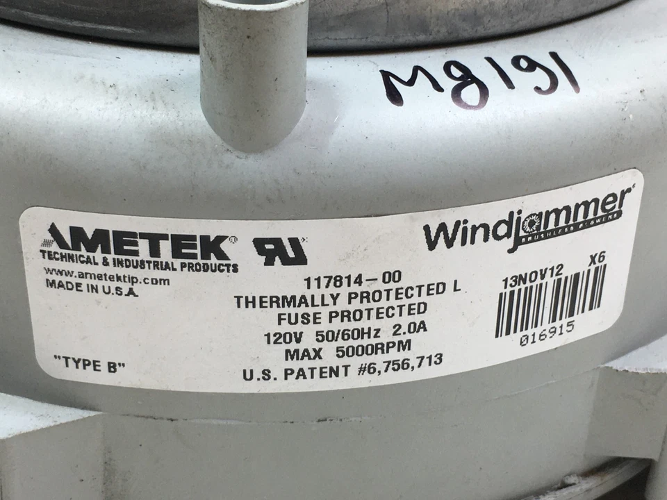 Motor de velocidad variable AMETEK 117814-00 5000 RPM 120V WindJammer usado #MG191 Foto 3 de 4