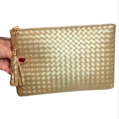 VIRGINIA WOLF Faux Leather Clutch Mini Woven Pouch Gold Tassel Zip Top Make Up