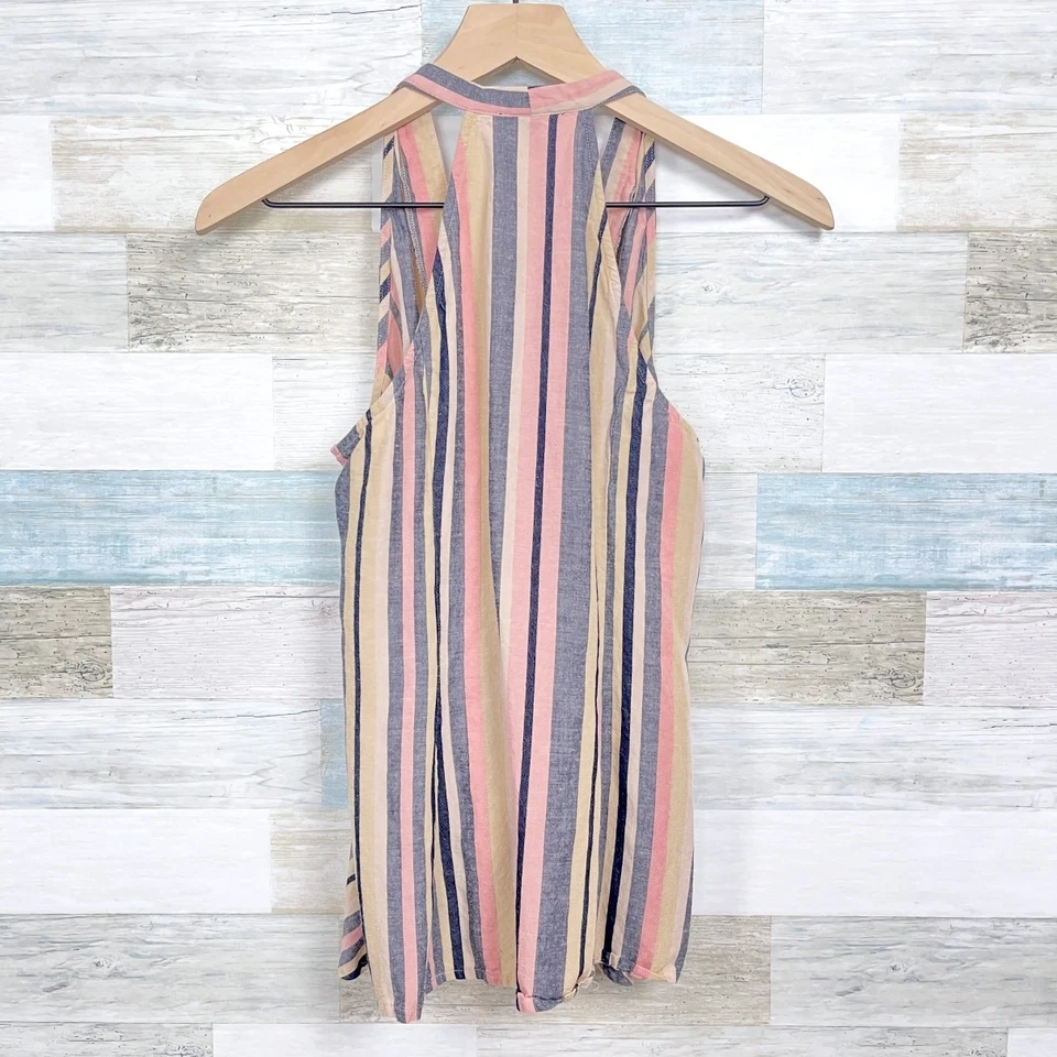 Top DREW de lino a rayas sin mangas con corbata frontal rosa tostado dobladillo alto bajo para mujer pequeño Foto 4 de 4