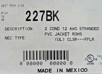 West Penn Wire 227 12/2C Commercial Speaker/Audio Cable Riser CL3R Black /50ft