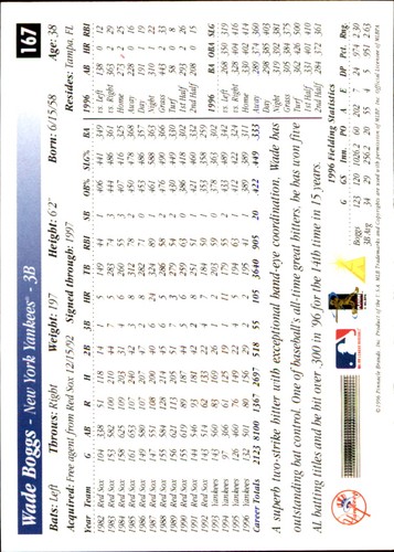 Wade Boggs 1997 Score #167 New York Yankees HOF FREE SHIPPING AutographDen - Picture 2 of 2