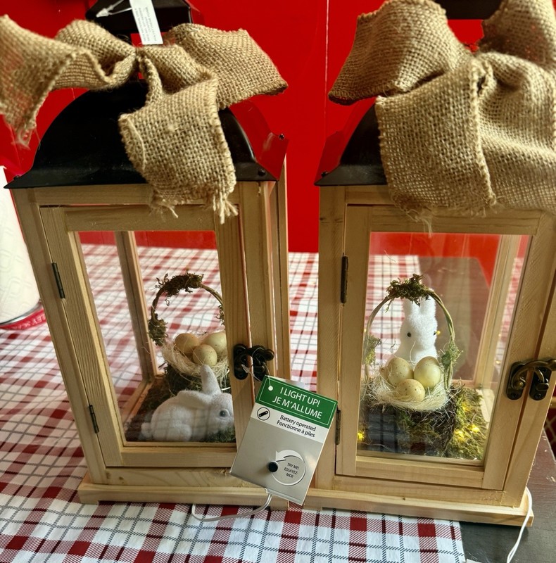Set of 2 Light Up Easter Rabbit Lanterns, Wood Glass Metal, Holiday Decor