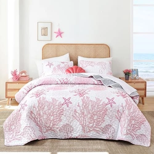  Juego de cama Coastal Edredones Tamaño - Rosa Verano Ropa de cama náutica King Rosa Coral Foto 2 de 4