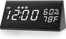 Digital Alarm Clock, with Wooden Electronic LED Time Display, 3 Alarm Settings, 