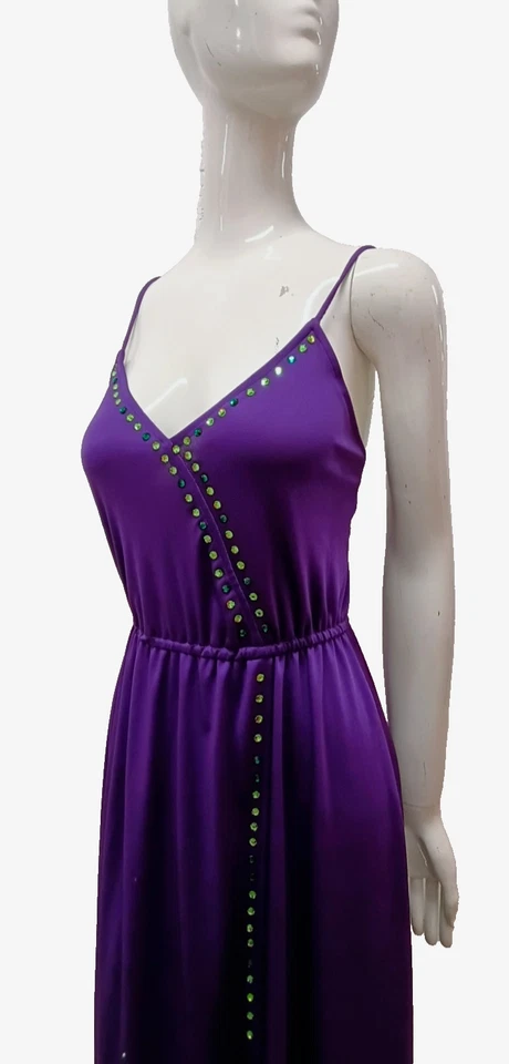 Vestido años 70 ajustado púrpura jersey estrás espagueti talla S Studio 54 era disco Foto 2 de 4