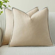 Linen-Look Pillow Covers Set of 2, Decorative Throw 22" x 22" Pack of 2 Beige
