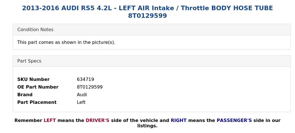 AUDI RS5 2013-2016 4,2 L - admisión de aire izquierdo / tubo de manguera del cuerpo del acelerador 8T0129599 Foto 4 de 4