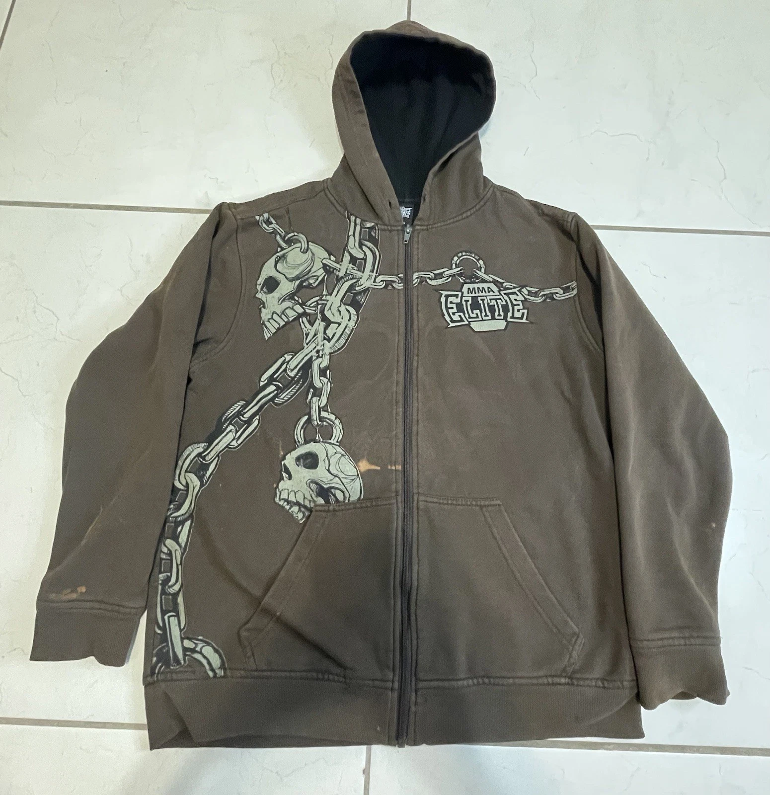 Y2k MMA Elite Graphic Brown Skull Chain Wings Full Zip Hoodie Thermal Men's M