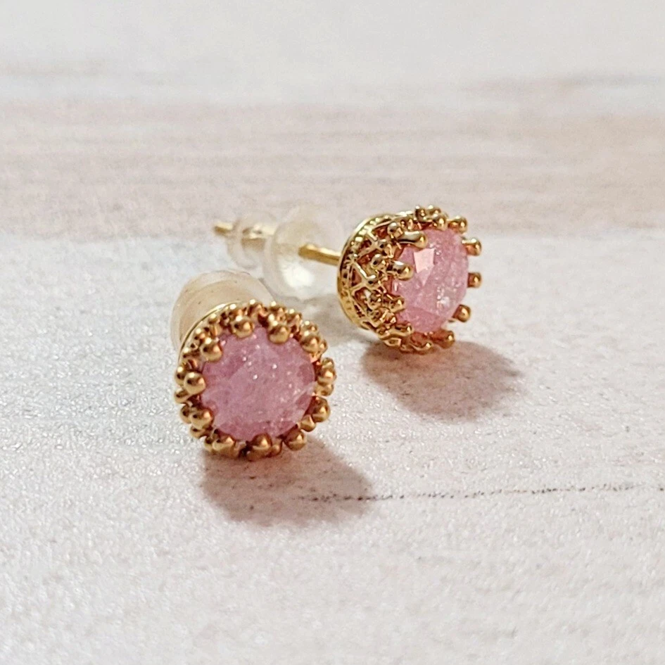 Brincos vintage folheados a ouro 14K formato redondo opala rosa feitos em Israel NOVO - Imagem 3 de 4