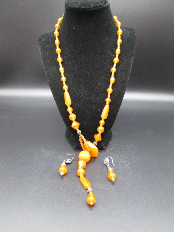 Conjunto de collar de cuentas naranja de vidrio artístico pendientes de 27" vintage hechos artesanalmente WOW Foto 4 de 4