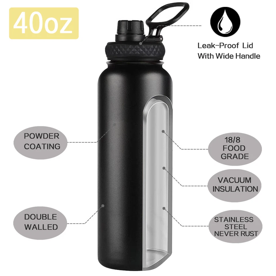 40oz Water Bottle Stainless Steel Vacuum Double Wall Insulation Sport Wide Mouth - Image 3 of 4