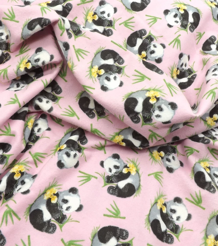 Vintage Pink Background Panda Yellow Flower Bamboo Flannel Fabric 5 yds - Image 4 of 4