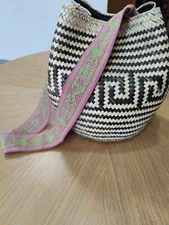 Handmade Oaxacan woven Straw sholder bag with interior fabric lining 