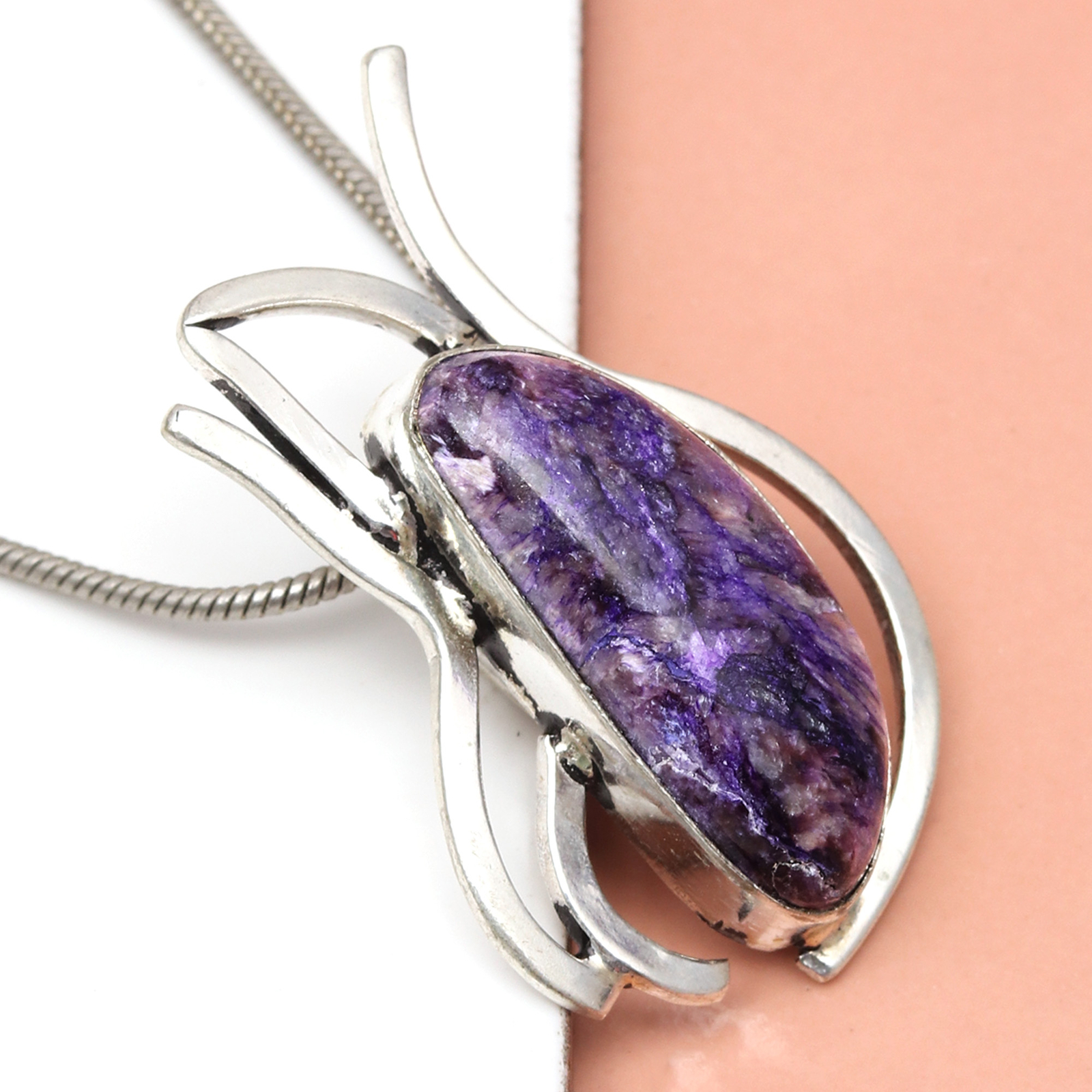 Silver Cheroite Gemstone Pendant with Tanzanite 2.5 Inch Ethnic Russian Jewelry