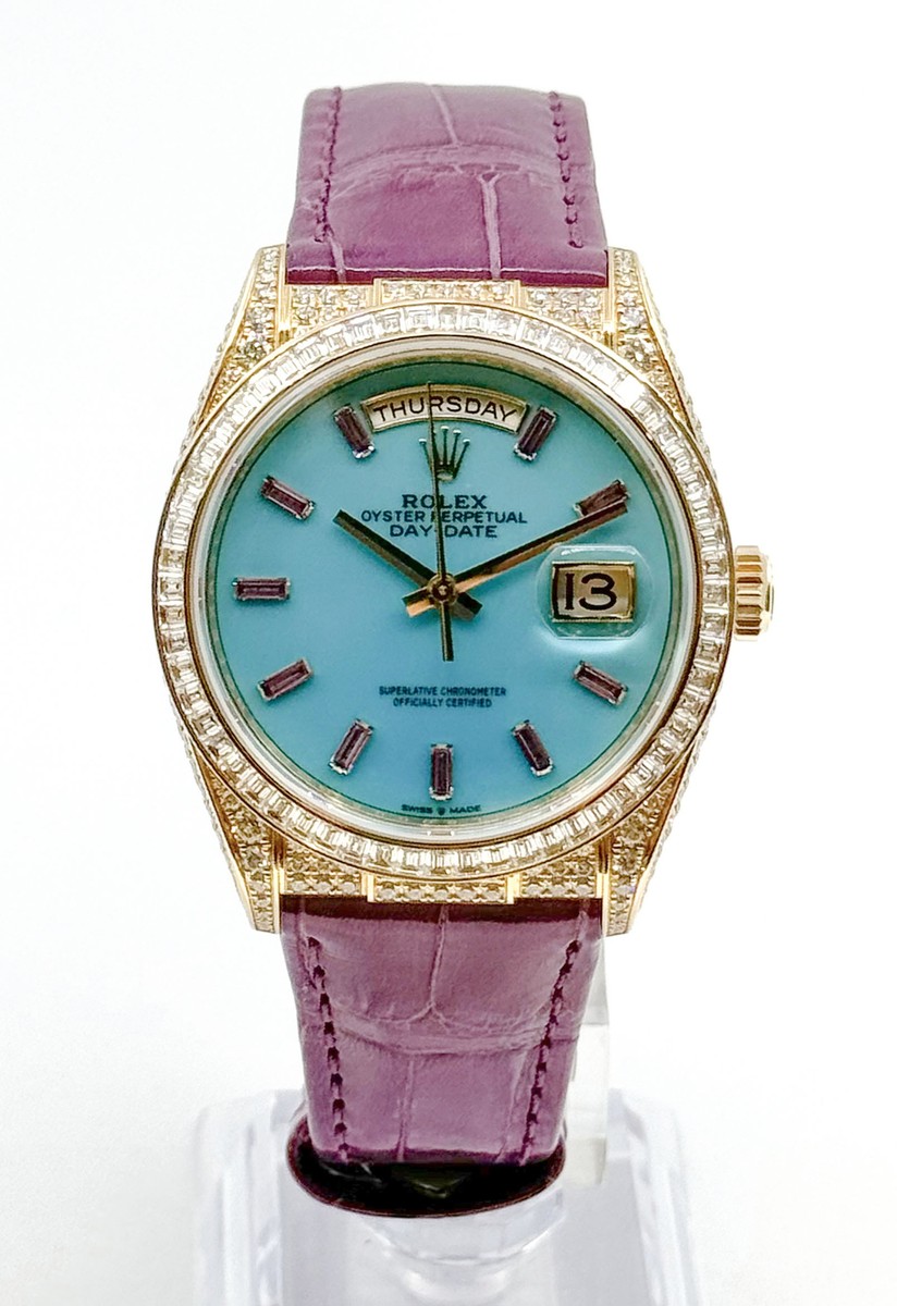 Rolex Day-Date 128458TBR 18k Yellow Gold Diamond Purple Strap
