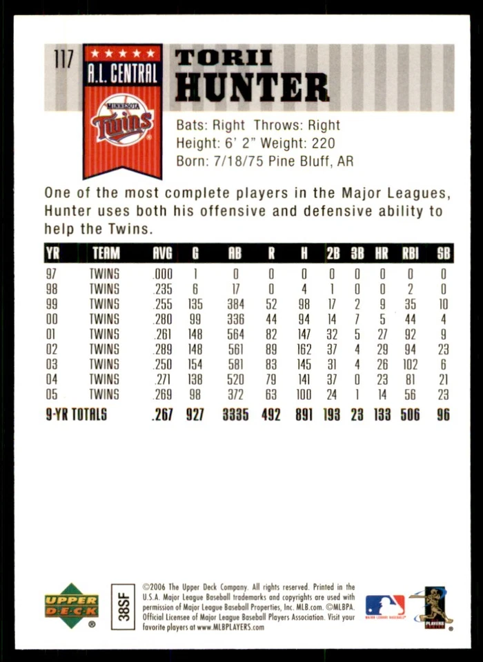 2006 Upper Deck First Pitch Torii Hunter Minnesota Twins #117 - Image 2 of 2