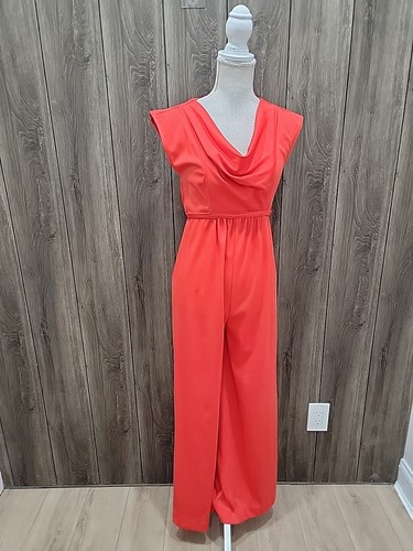 Vintage 70s Scarlett Color Jumpsuit Tie Waist Disco Cowl Neck 1970s Polyester - Picture 5 of 10