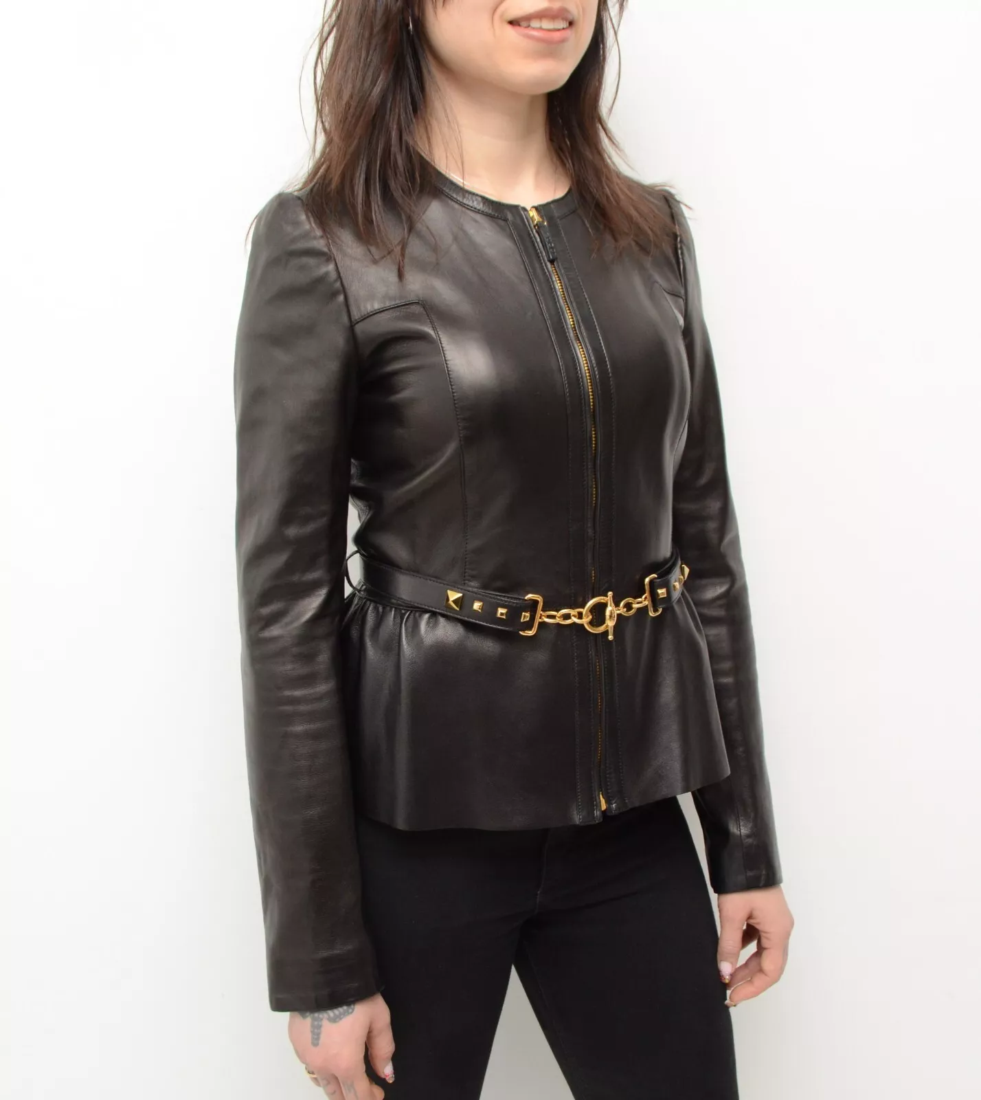 Magnifique veste à ceinture authentique pour femmes Gucci en cuir noir taille IT 42,US 6,~S