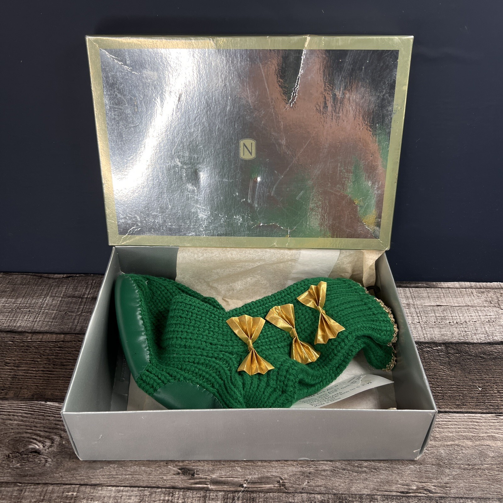 PANTOFOLA D’ORO Pantofole maglione piedi Sweatermates vintage 1993 taglia unica 9 11 verde giallo fiocchi