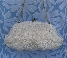 EUC Vintage Small Ivory Fully Beaded Flower Clutch w/ Convertible Chain Strap