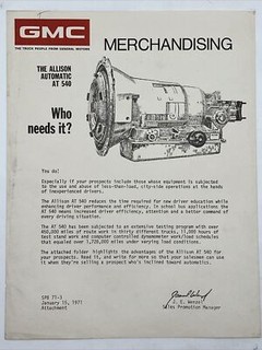 1971 GMC TRUCKS SALES PROMOTION LETTERHEAD Allison Automatic AT 540 Transmission